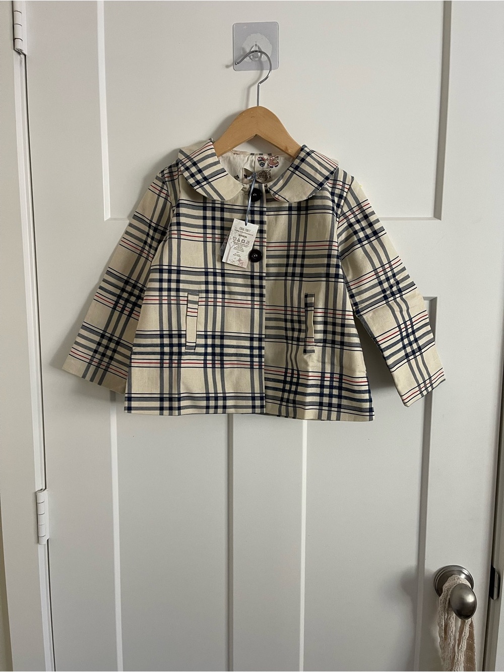 NWT Plaid Peacoat for Kids in Cream, Navy & Red